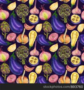 Watercolor vegetables of purple color endless pattern on a purple background. Hand drawing eggplant, onions and garlic. For the washing of textiles, stationery, napkins and more.
