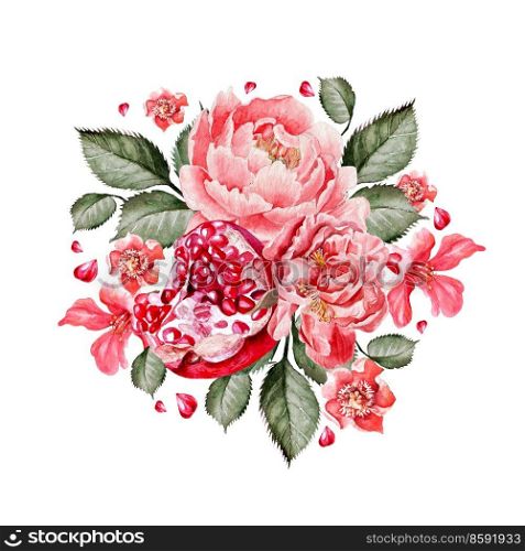 Watercolor Vintage card with pomegranate and peony flowers and pomegranate . Hand drawn.