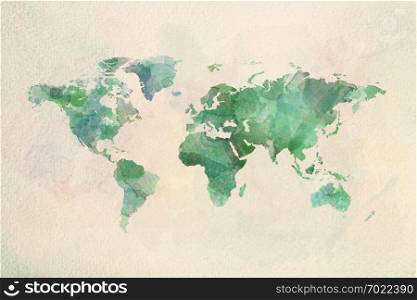 Watercolor vintage world map in green colors on paper texture. Colorful artistic image of Earth&rsquo;s lands.. Watercolor vintage world map in green colors