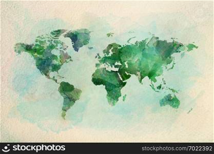 Watercolor vintage world map in green colors on paper texture. Colorful artistic image of Earth&rsquo;s lands.. Watercolor vintage world map in green colors
