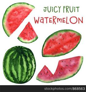 Watercolor watermelon and its parts isolated illustration on white background. Hand drawing of juicy fruit. For the design of home decor, stationary, t-shirts, cards.