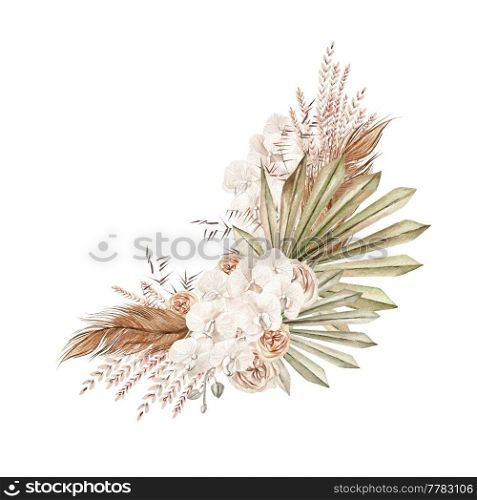 Watercolor wedding boho bouquet with hand painted tropical flowers orchid and dried palm leaves, branches of pampas and rose flowers. Illustration. Watercolor wedding boho bouquet with hand painted tropical flowers orchid and dried palm leaves, branches of pampas and rose flowers.