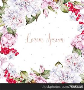 Watercolor wedding card with peony, roses and red currant, leaves. Illustration. atercolor wedding card with peony, roses and red currant, leaves.