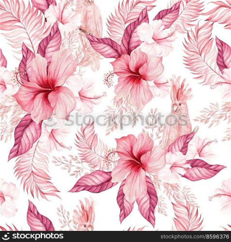 Watercolor weddingπnk troπcal seam≤ss pattern with Exotic flowers hibicsus and≤aves, parrot. Illustration. Watercolor weddingπnk troπcal seam≤ss pattern with Exotic flowers hibicsus and≤aves, parrot. 