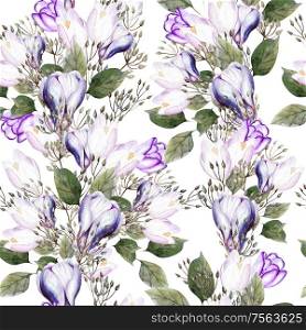 Watercolor wedding pattern with tulip and crocus flowers. Illustration. Watercolor wedding pattern with tulip and crocus flowers.