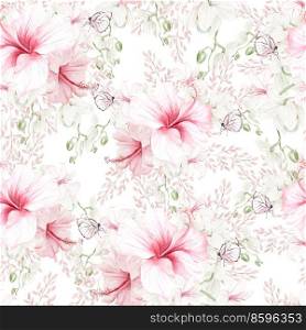 Watercolor wedding pink tropical seamless pattern with Exotic flowers, hibiscus, orchids and leaves. Illustration. Watercolor wedding pink tropical seamless pattern with Exotic flowers, hibiscus, orchids and leaves. 