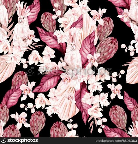 Watercolor wedding pink tropical seamless pattern with Exotic flowers, orchid, protea, parrot and palm leaves. Illustration. Watercolor wedding pink tropical seamless pattern with Exotic flowers, orchid, protea, parrot and palm leaves. 