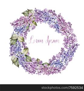 Watercolor wedding wreath with lilac flowers. Illustration. Watercolor wedding wreath with lilac flowers.