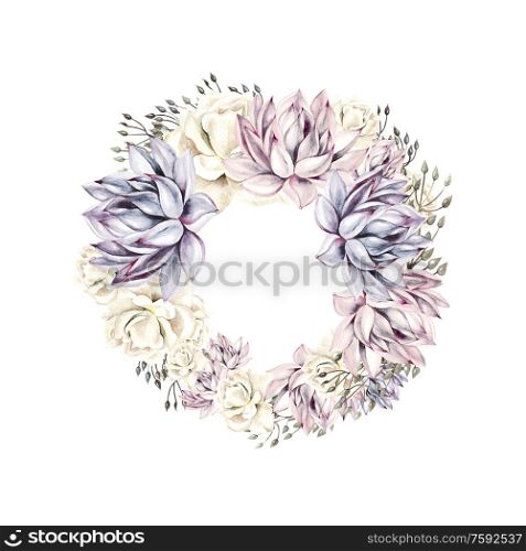 Watercolor wedding wreath with peony flowers. Illustration. Watercolor wedding wreath with peony flowers.