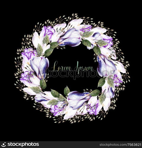 Watercolor wedding wreath with tulips and crocus flowers. Illustration. Watercolor wedding wreath with tulips and crocus flowers.