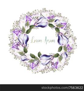 Watercolor wedding wreath with tulips and crocus flowers. Illustration. Watercolor wedding wreath with tulips and crocus flowers.
