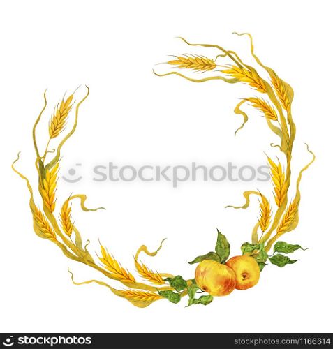 Watercolor wheat wreath with yellow apples and green leaves. For printing postcards, invitations.