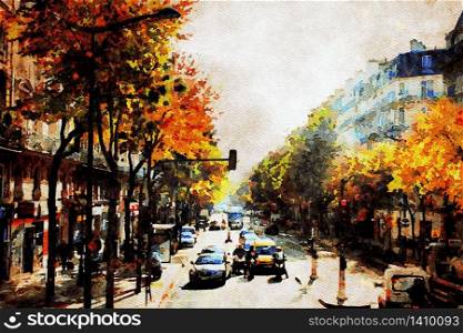 Watercolor which is one of the main streets of central Paris in the autumn. one of the main streets of central Paris in the autumn