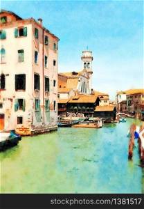 Watercolor which represents a glimpse of one of the canals between the buildings of the historic center of Venice. a glimpse of one of the canals between the buildings of the historic center of Venice