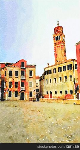 Watercolor which represents a glimpse of one of the squares in the historic center of Venice. a glimpse of one of the squares in the historic center of Venice