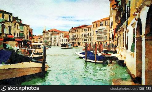 Watercolor which represents a glimpse of the historic buildings on the grand canal in the center of Venice. a glimpse of the historic buildings on the grand canal in the center of Venice