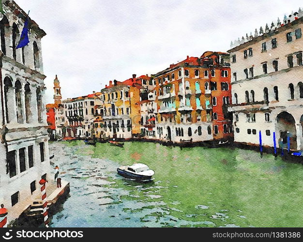 Watercolor which represents a glimpse of the historic buildings on the grand canal in the center of Venice. a glimpse of the historic buildings on the grand canal in the center of Venice