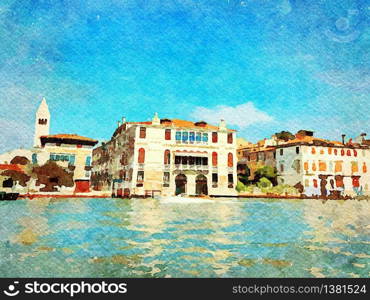 Watercolor which represents a glimpse of the historic buildings on the grand canal in the center of Venice. a glimpse of the historic buildings on the grand canal in the center of Venice