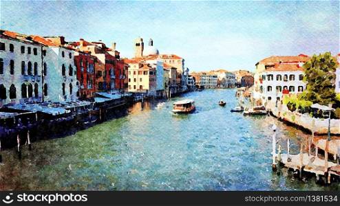 Watercolor which represents a glimpse of the historic buildings on the grand canal in the center of Venice. a glimpse of the historic buildings on the grand canal in the center of Venice
