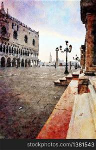 Watercolor which represents a glimpse of the main square of Venice. a glimpse of the main square of Venice