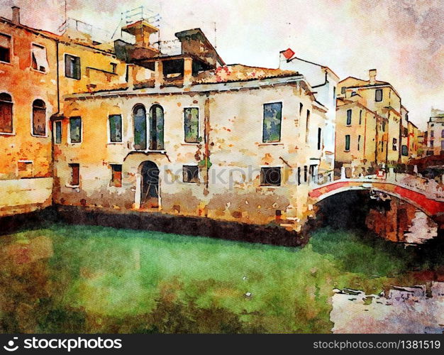 Watercolor which represents a glimpse of the small canals between the historic buildings in the center of Venice. a glimpse of the small canals between the historic buildings in the center of Venice
