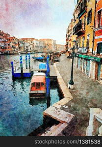 Watercolor which represents a glimpse of the small canals between the historic buildings in the center of Venice. a glimpse of the small canals between the historic buildings in the center of Venice