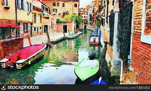 Watercolor which represents a glimpse of the small canals with boats between the historic buildings in the center of Venice. a glimpse of the small canals with boats between the historic buildings in the center of Venice