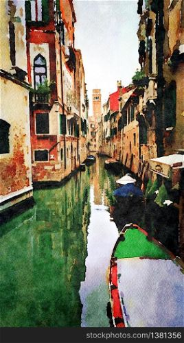 Watercolor which represents a glimpse of the small canals with boats between the historic buildings in the center of Venice. a glimpse of the small canals with boats between the historic buildings in the center of Venice