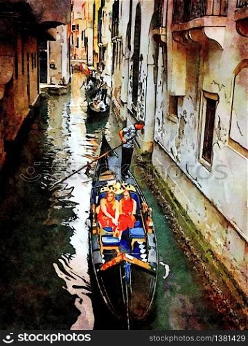 Watercolor which represents a glimpse of the small canals with gondolas between the historic buildings in the center of Venice. a glimpse of the small canals with gondolas between the historic buildings in the center of Venice
