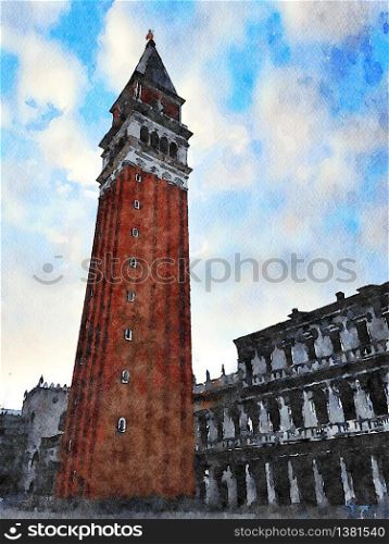 Watercolor which represents the main tower in San Marco square in Venice. the main tower in San Marco square in Venice