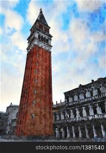Watercolor which represents the main tower in San Marco square in Venice. the main tower in San Marco square in Venice