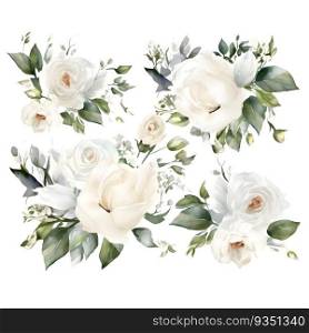Watercolor white roses and green leaves set isolated on white background.