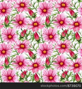 Watercolor wild flowers illustration. Hand Drawn seamless pattern with cosmos flowers and leaves.