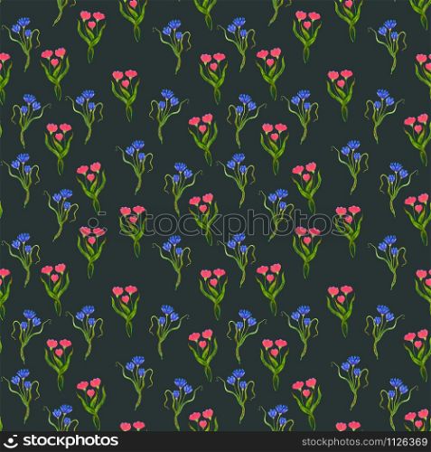Watercolor wildflowers in a seamless pattern. Pattern of blue and pink flowers against a dark background. For fashion design, bedding, home decor, greeting cards.