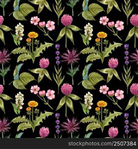 Watercolor wildflowers seamless pattern with the different meadow flowers. Clover, blue thistle, raspberry, dandelion pattern. Vibrant summer floral pattern. Perfect for the textile and wallpapers.