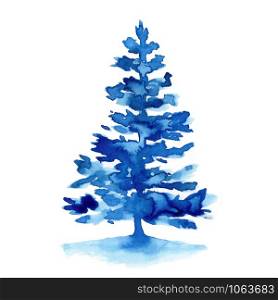 Watercolor winter blue christmas tree isolated on white background. Hand painting Illustration for print, texture, wallpaper or element. Beautiful watercolour art. Minimal style.. Watercolor winter blue christmas fir tree isolated on white background. Hand painting Illustration for print, texture, wallpaper or element. Beautiful watercolour art. Minimal style