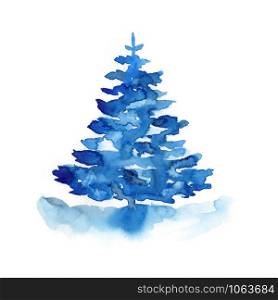 Watercolor winter blue christmas tree isolated on white background. Hand painting Illustration for print, texture, wallpaper or element. Beautiful watercolour art. Minimal style.. Watercolor winter blue christmas pine tree isolated on white background. Hand painting Illustration for print, texture, wallpaper or element. Beautiful watercolour art. Minimal style