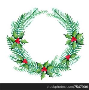 Watercolor winter hand drawn green wreath of fir branches and holly on a white background. New year and Christmas design.