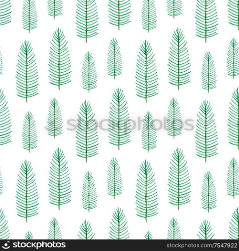 Watercolor winter nature seamless pattern with green fir branches on a white background. Christmas and new year design.