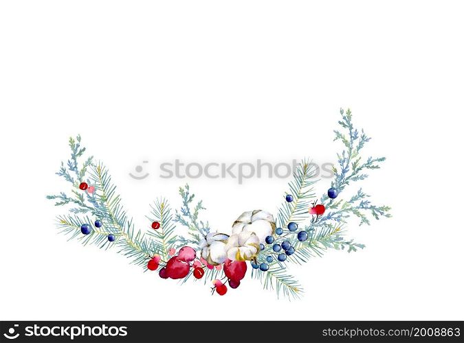 Watercolor winter painting antique semicircular frame with branches of juniper, Christmas tree, red and blue berries, cotton bolls. Traditional christmas decoration. Beautiful background for cards and invitations or other design. Winter watercolor painted Christmas wreath on white background