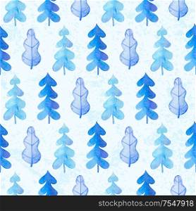 Watercolor winter seamless pattern with blue fir tree and snow on a white background. New year and Christmas design