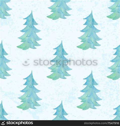 Watercolor winter seamless pattern with green fir tree and snow on a white background. New year and Christmas design