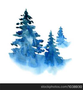 Watercolor winter snow forest isolated on white background. Treescape with pine and fir Illustration landscape for print, texture, wallpaper, greeting card. Blue and green color Beautiful watercolour.. Watercolor winter snow forest isolated on white background. Treescape with pine and fir Illustration landscape for print, texture, wallpaper, greeting card. Blue and green color Beautiful watercolour