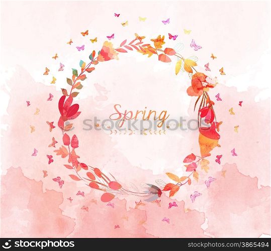 watercolor with flower and butterflies shape of the wreath