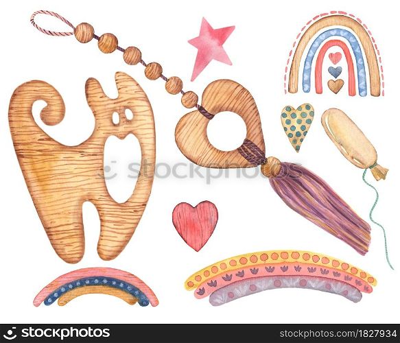 Watercolor wooden baby toys clipart. rattles, star, heart, cat, children, rainbow, macrame feather Nursery Hand-drawn Art Decor. Baby boy girl. Set aquarelle Illustrations Isolated on white background. Watercolor wooden baby toys clipart. rattles, star, heart, cat, children, rainbow, macrame feather. Nursery Hand-drawn Art Decor. Baby boy. Baby girl. Set Illustrations Isolated on white background.