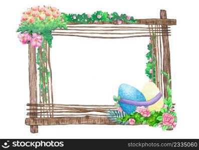 Watercolor wooden frame with spring easter decoration. Watercolor illustrations.
