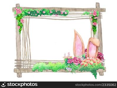 Watercolor wooden frame with spring easter decoration. Watercolor illustrations.