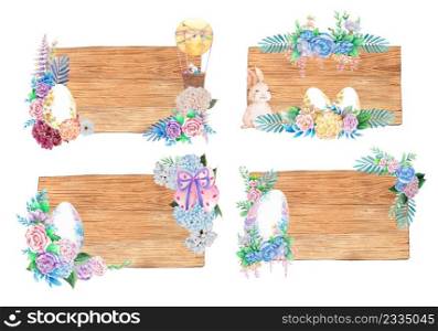 Watercolor wooden signboards with spring easter decoration. Watercolor illustrations.