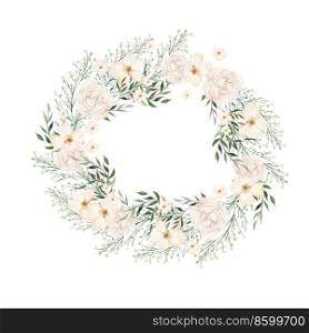 Watercolor wreath  with different  flowers  and leaves. Illustration. Watercolor wreath  with different  flowers  and leaves
