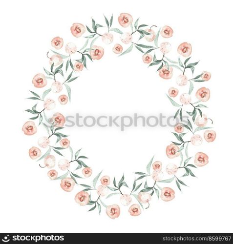 Watercolor wreath with flowers and peaches. Illustration. Watercolor wreath with flowers and peaches.